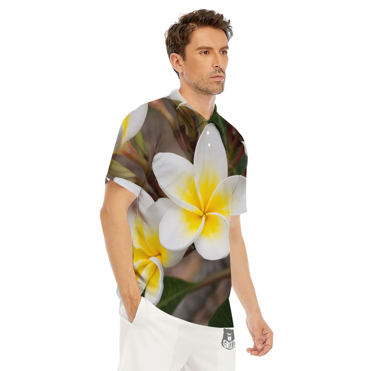 Flower Frangipani Print Men's Golf Shirts-grizzshop
