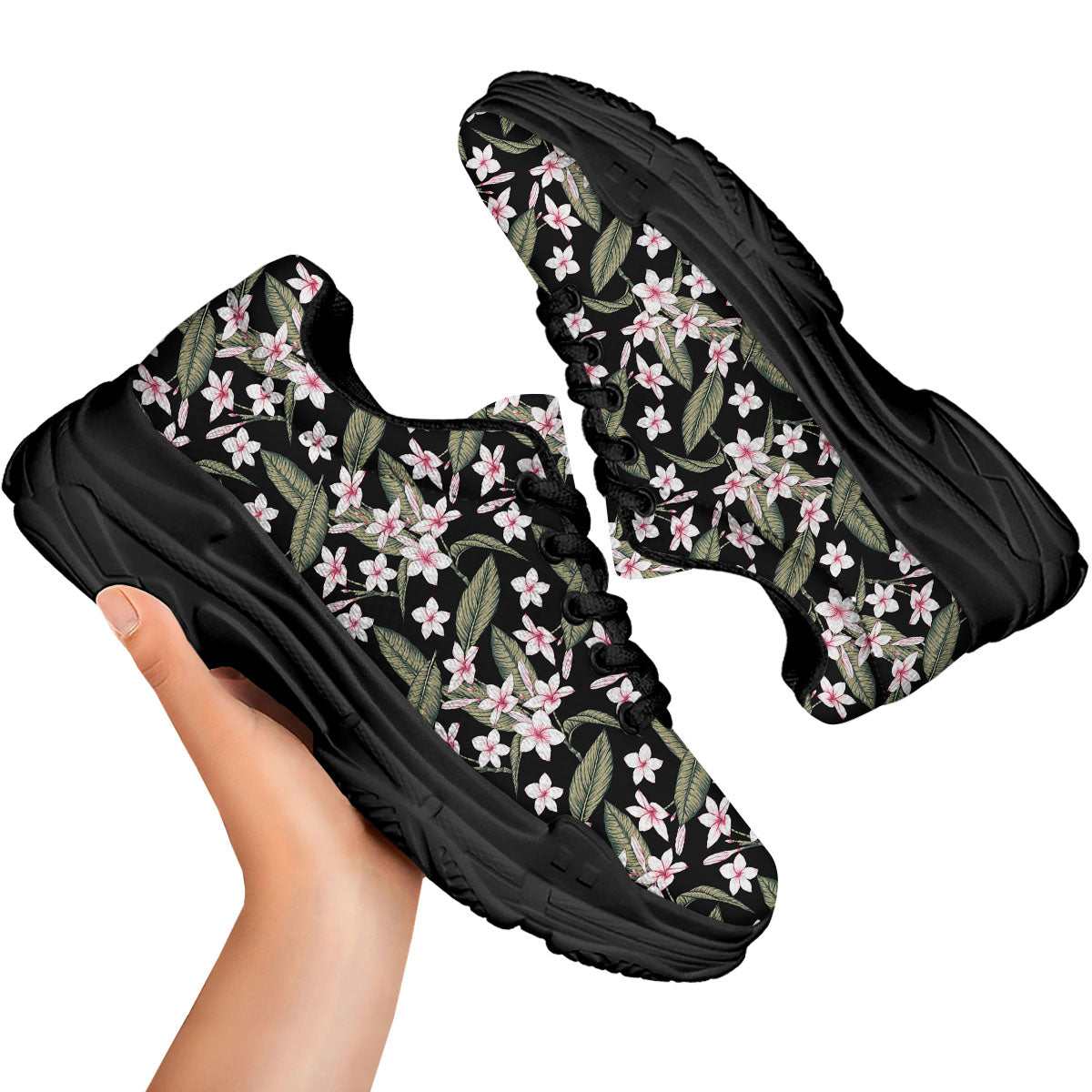 Flower Frangipani Print Pattern Black Chunky Shoes-grizzshop