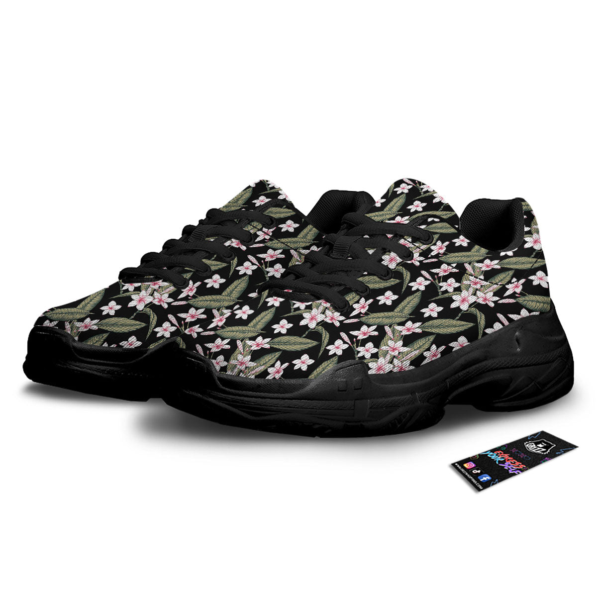 Flower Frangipani Print Pattern Black Chunky Shoes-grizzshop