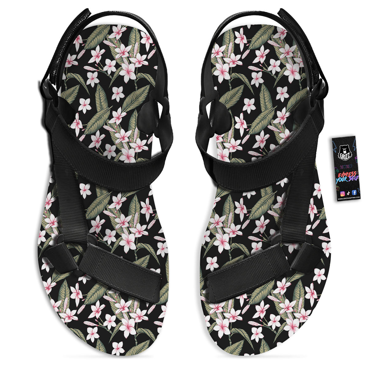 Flower Frangipani Print Pattern Black Open Toe Sandals-grizzshop