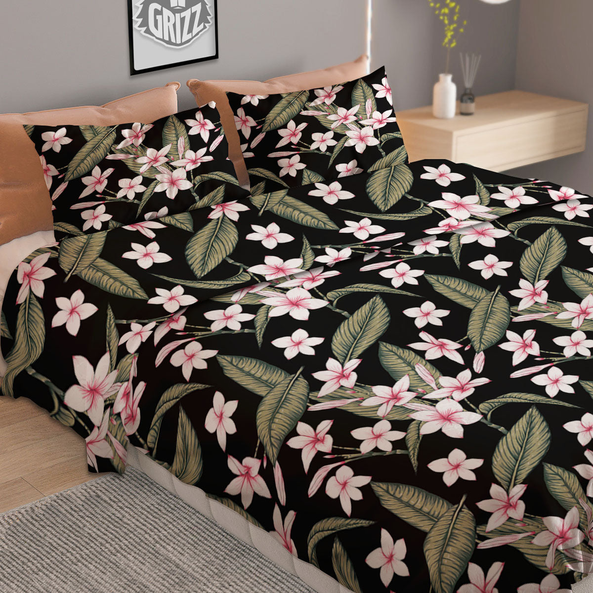 Flower Frangipani Print Pattern Duvet Cover Bedding Set