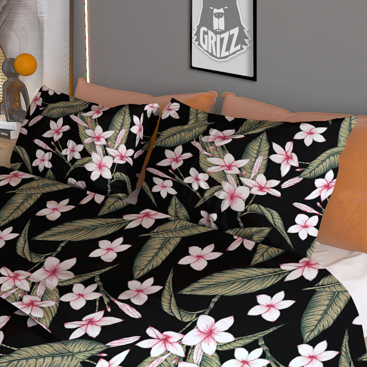 Flower Frangipani Print Pattern Duvet Cover Bedding Set