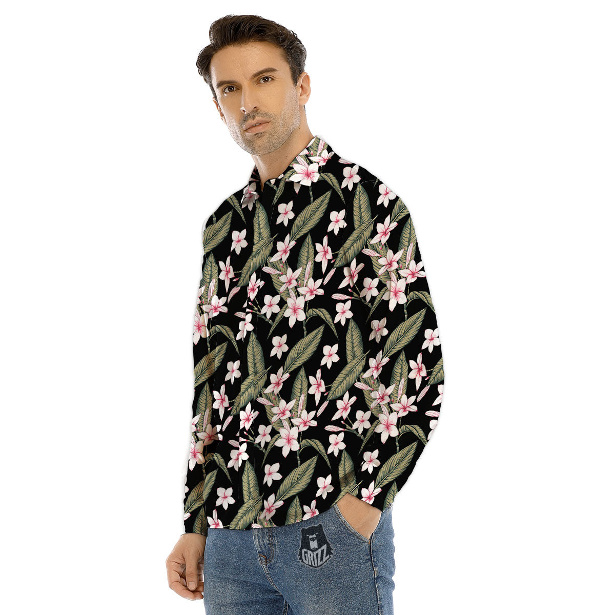 Flower Frangipani Print Pattern Men's Dress Shirts-grizzshop