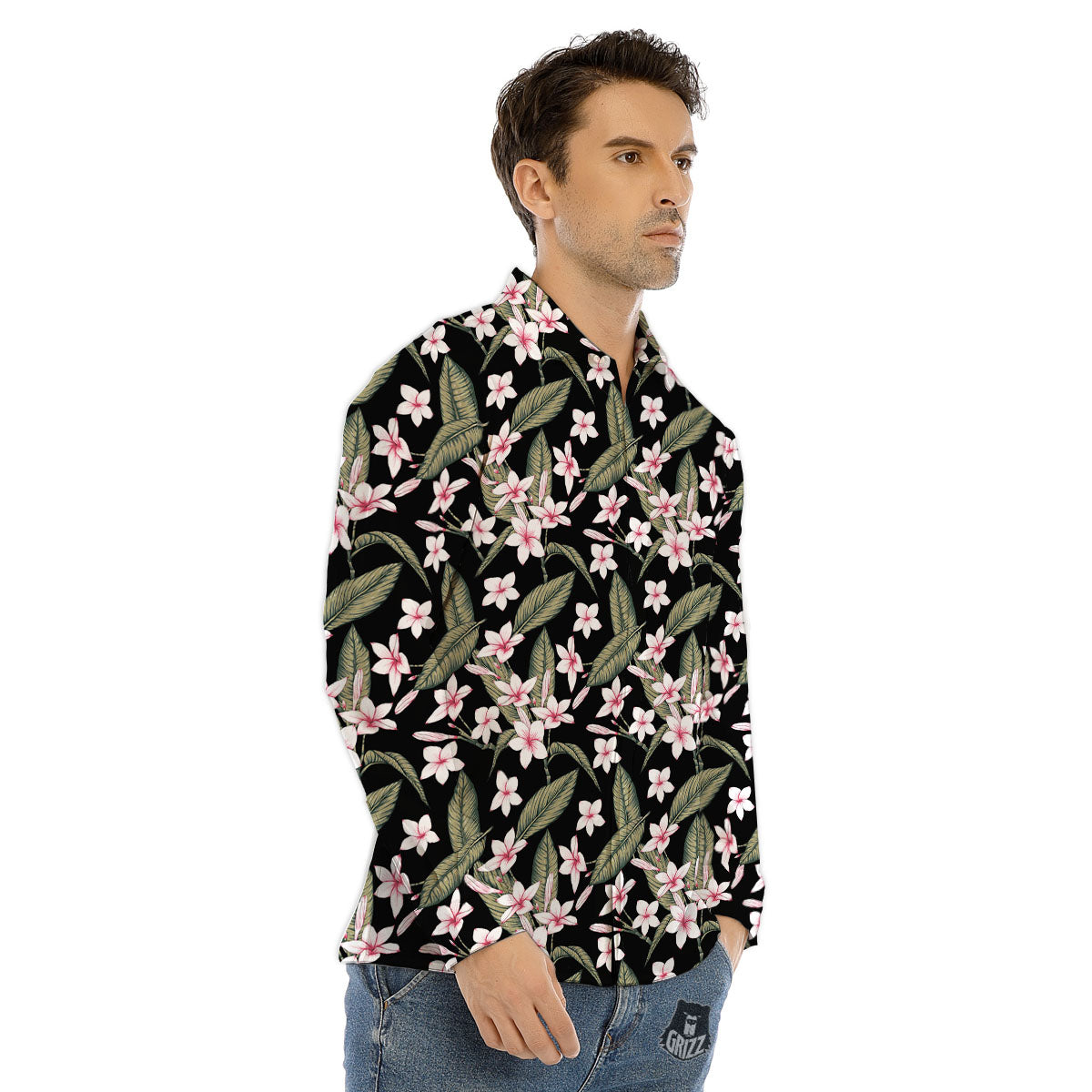 Flower Frangipani Print Pattern Men's Dress Shirts-grizzshop