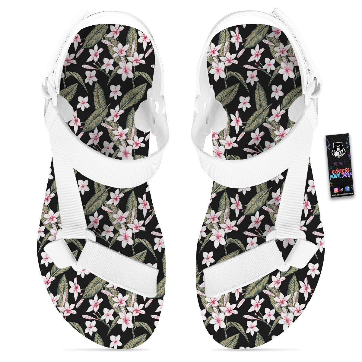 Flower Frangipani Print Pattern White Open Toe Sandals-grizzshop