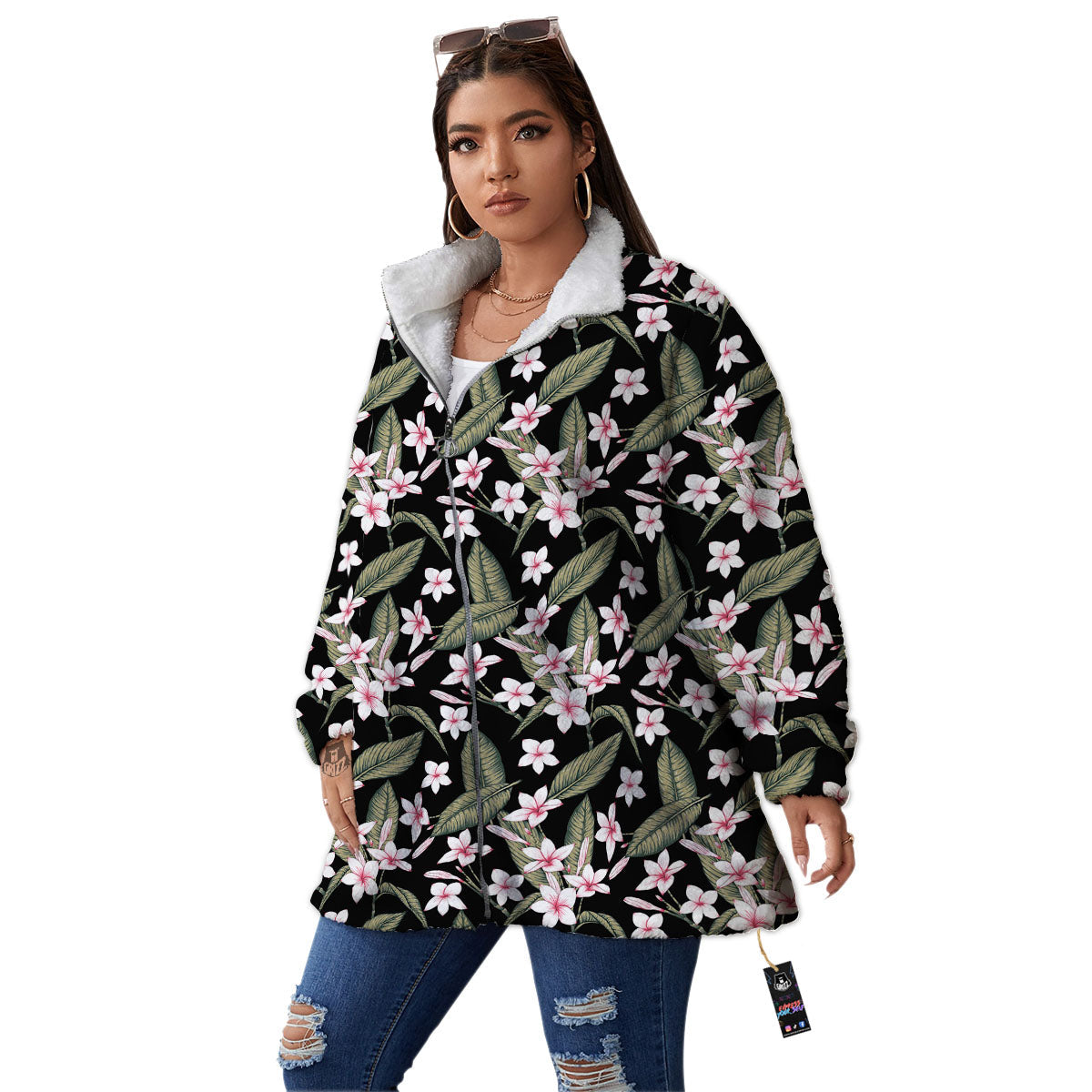 Flower Frangipani Print Pattern Women's Sherpa Jacket-grizzshop