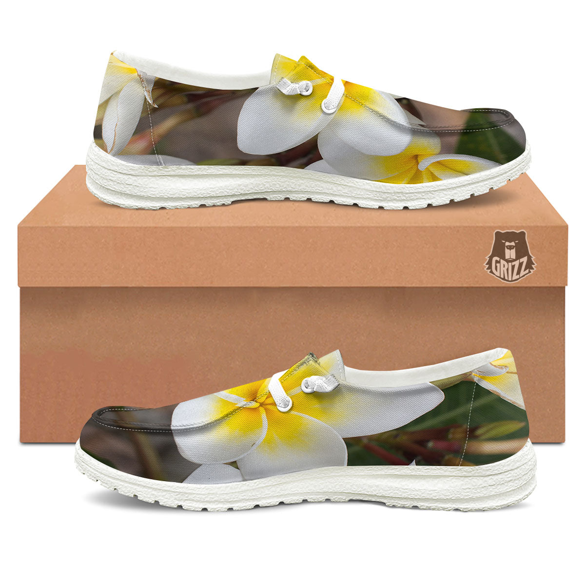 Flower Frangipani Print White Loafers-grizzshop