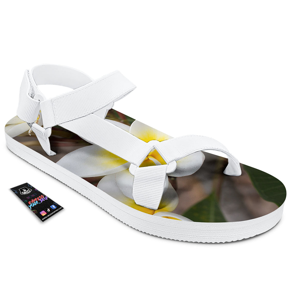 Flower Frangipani Print White Open Toe Sandals-grizzshop