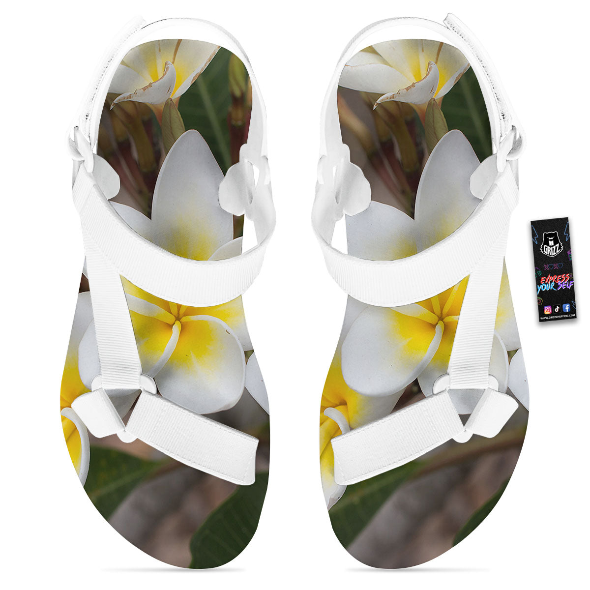 Flower Frangipani Print White Open Toe Sandals-grizzshop