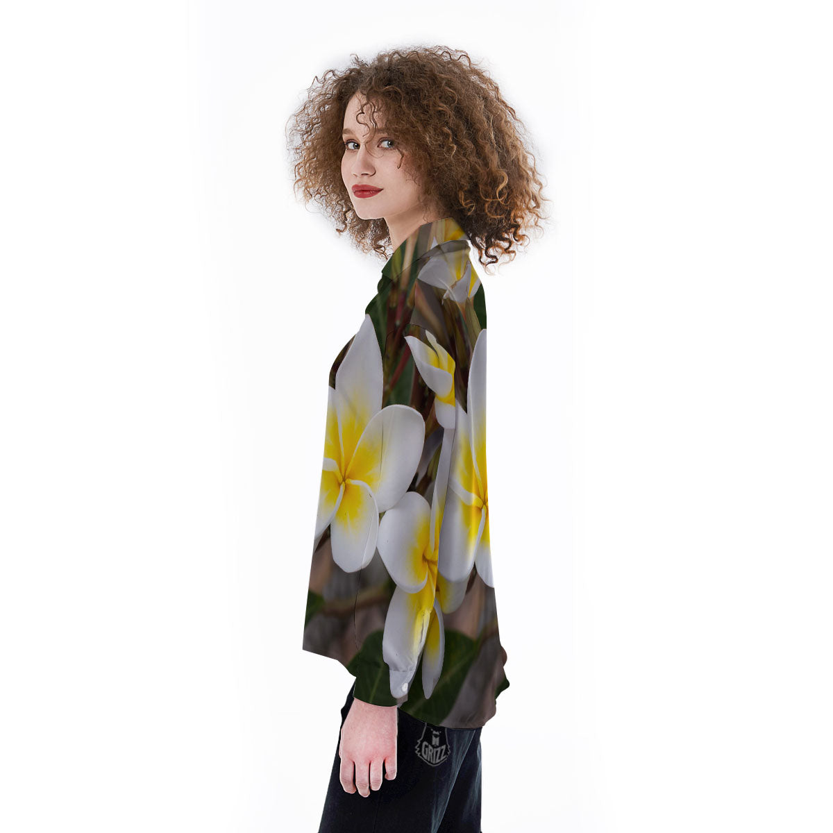 Flower Frangipani Print Women's Long Sleeve Shirts-grizzshop