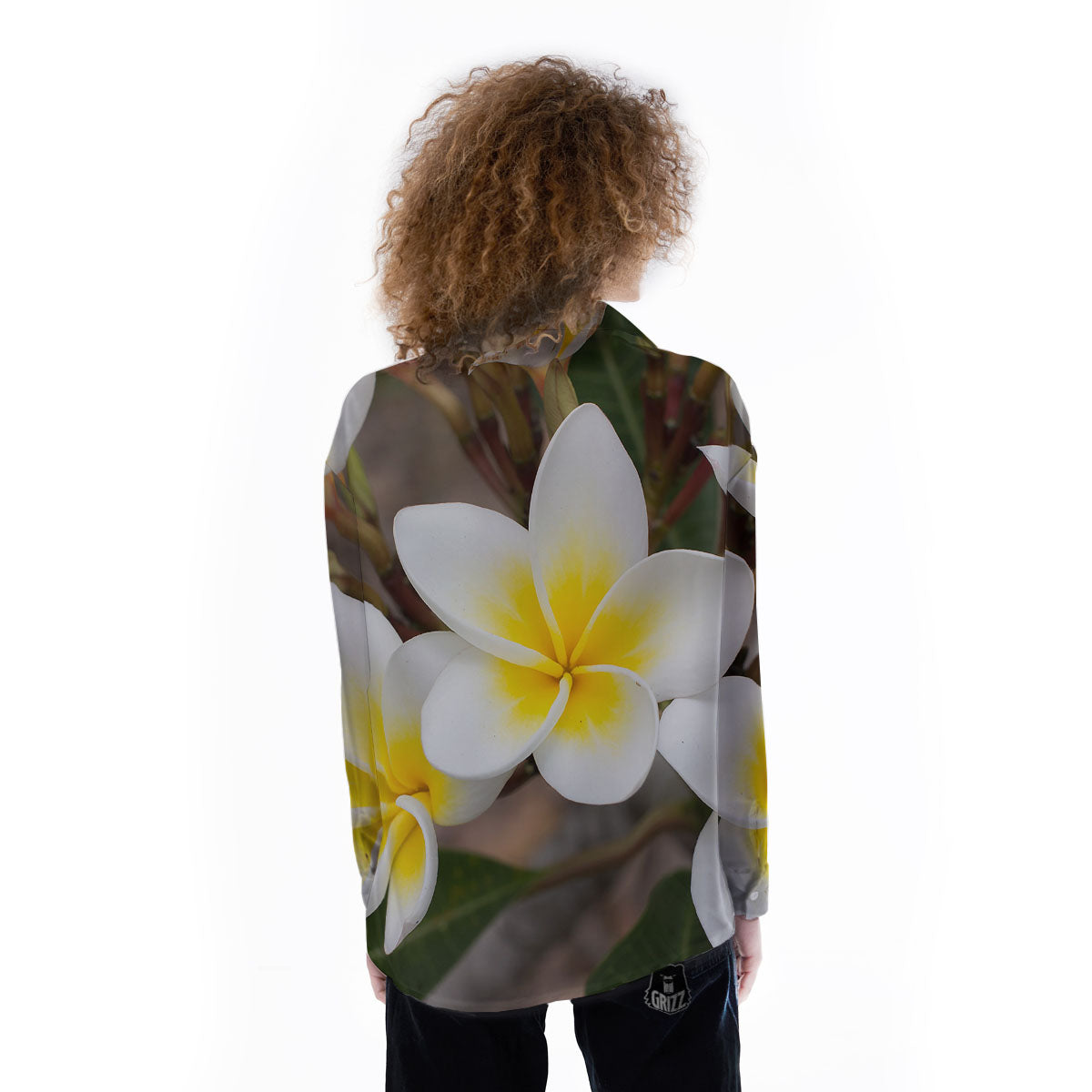 Flower Frangipani Print Women's Long Sleeve Shirts-grizzshop