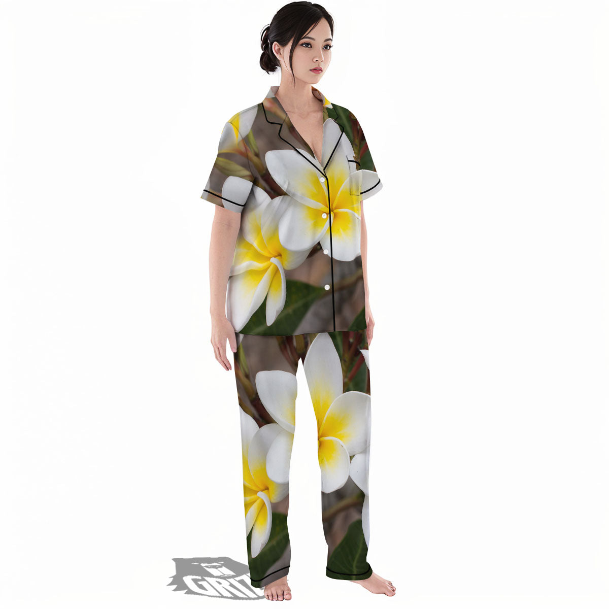 Flower Frangipani Print Women's Pajamas Set-grizzshop
