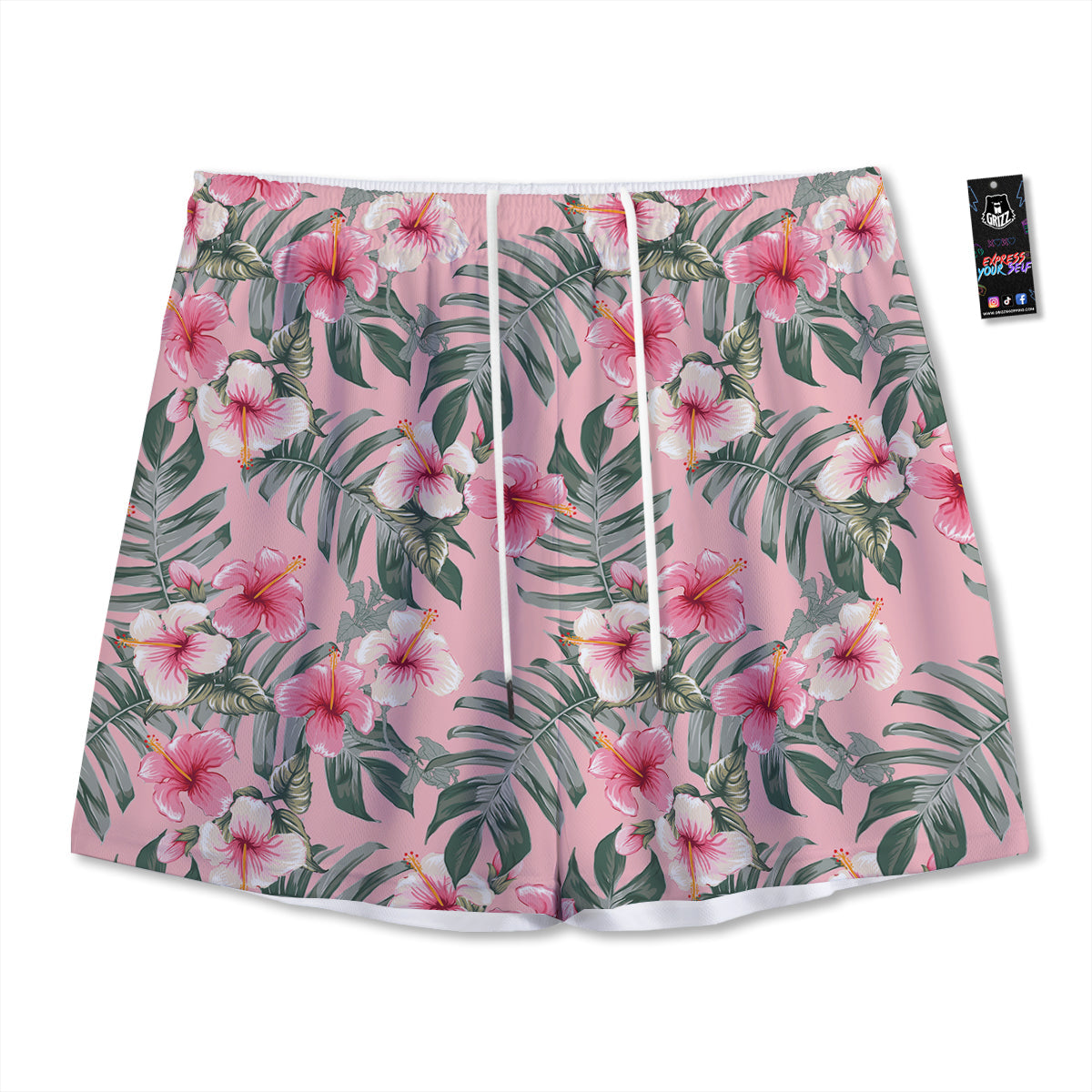 Flower Frangipani Tropical Print Pattern Mesh Shorts-grizzshop