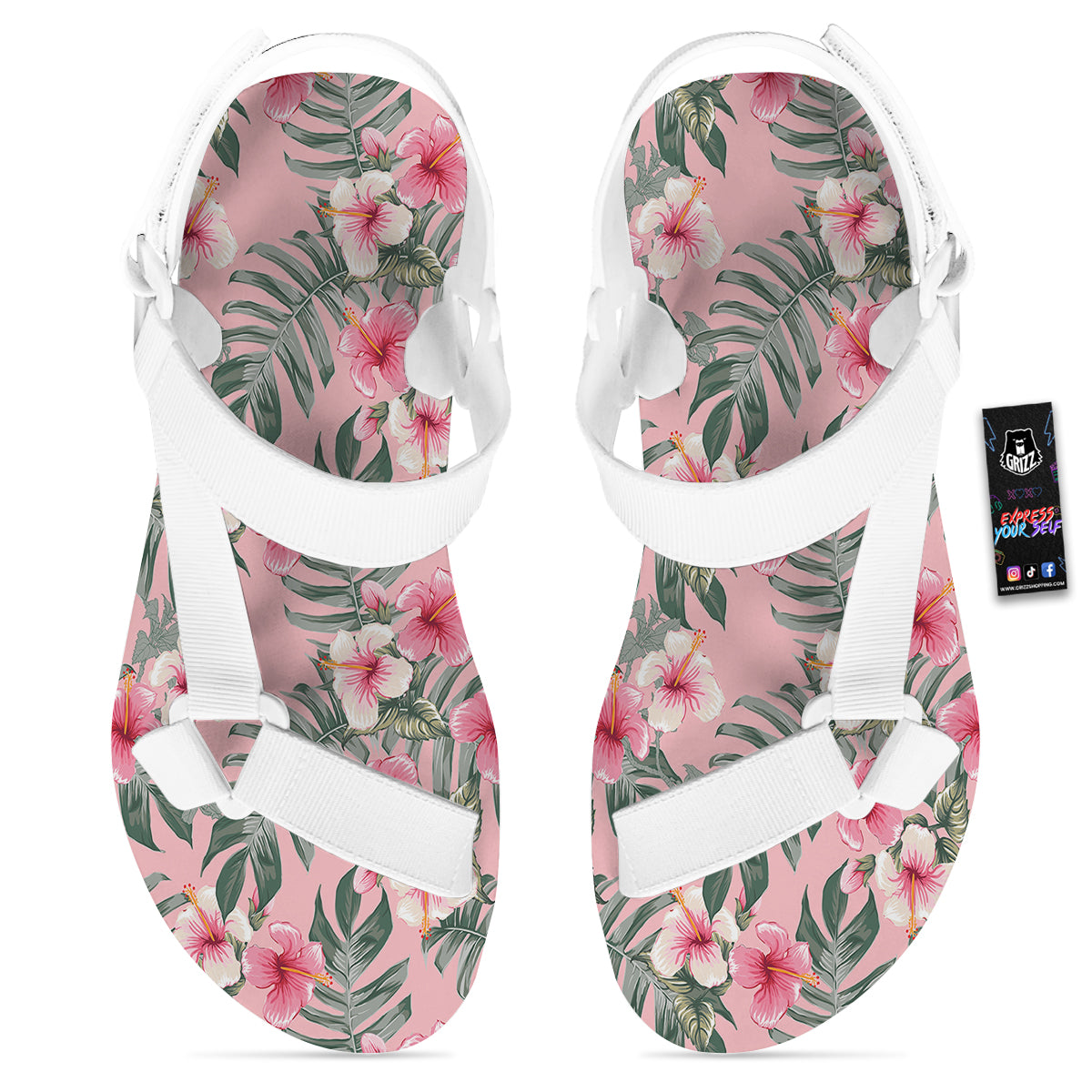Flower Frangipani Tropical Print Pattern White Open Toe Sandals-grizzshop