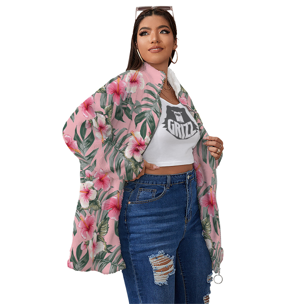 Flower Frangipani Tropical Print Pattern Women's Sherpa Jacket-grizzshop