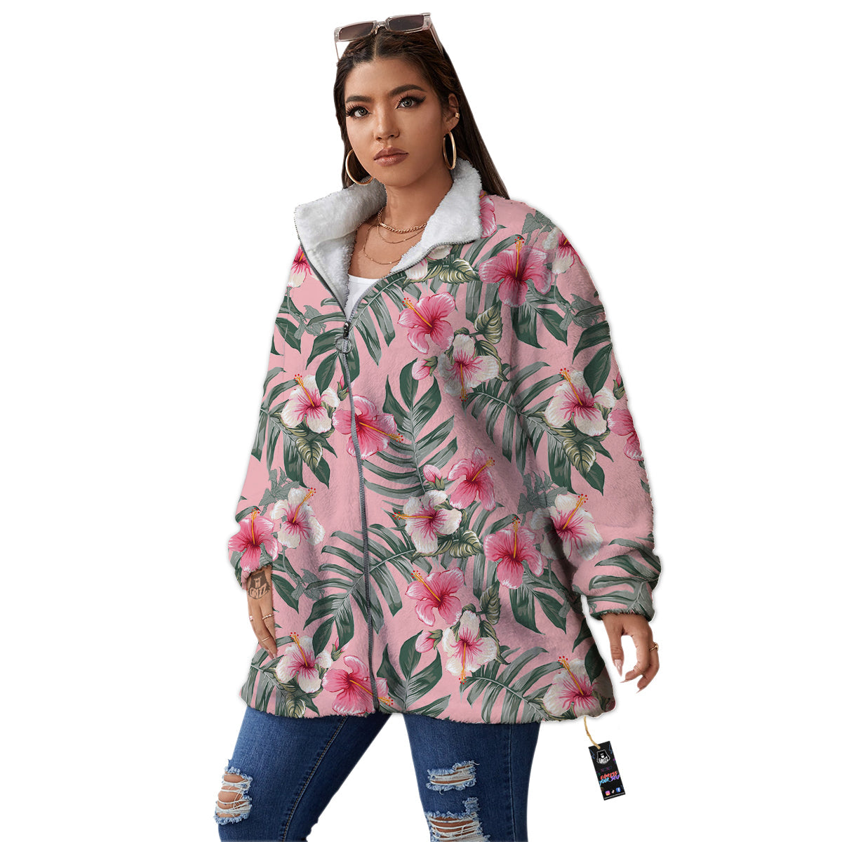 Flower Frangipani Tropical Print Pattern Women's Sherpa Jacket-grizzshop