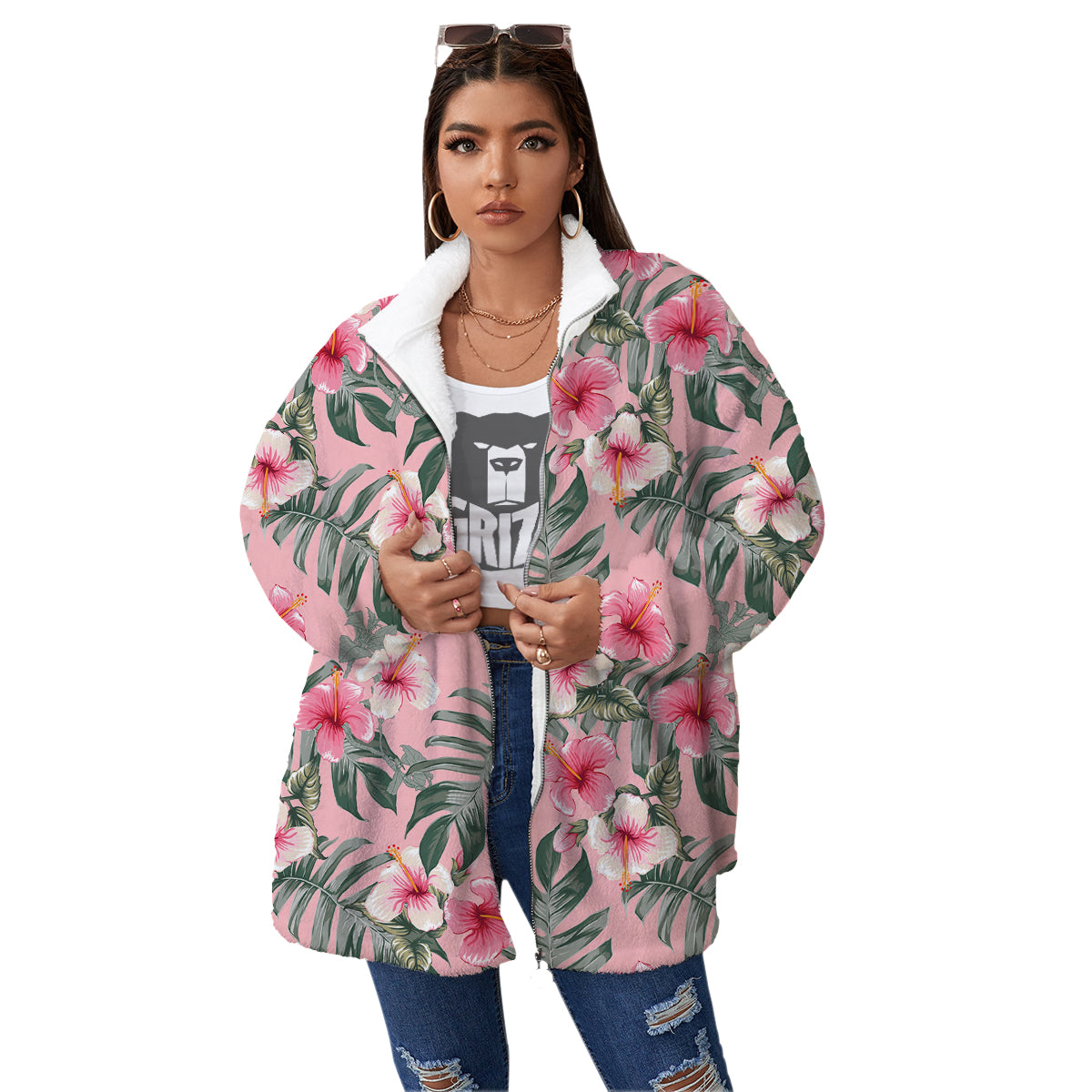 Flower Frangipani Tropical Print Pattern Women's Sherpa Jacket-grizzshop
