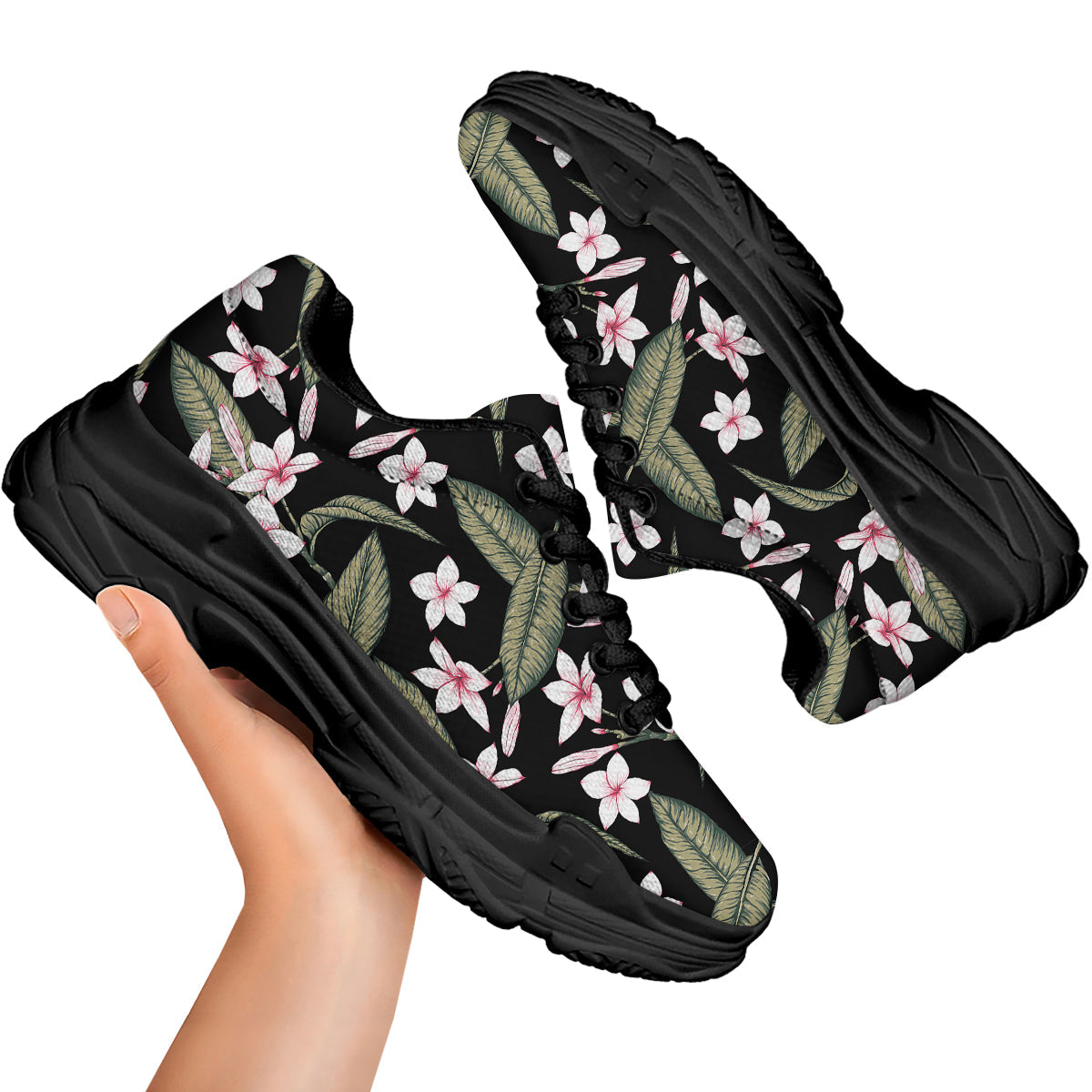 Flower Frangipani Watercolor Print Pattern Black Chunky Shoes-grizzshop