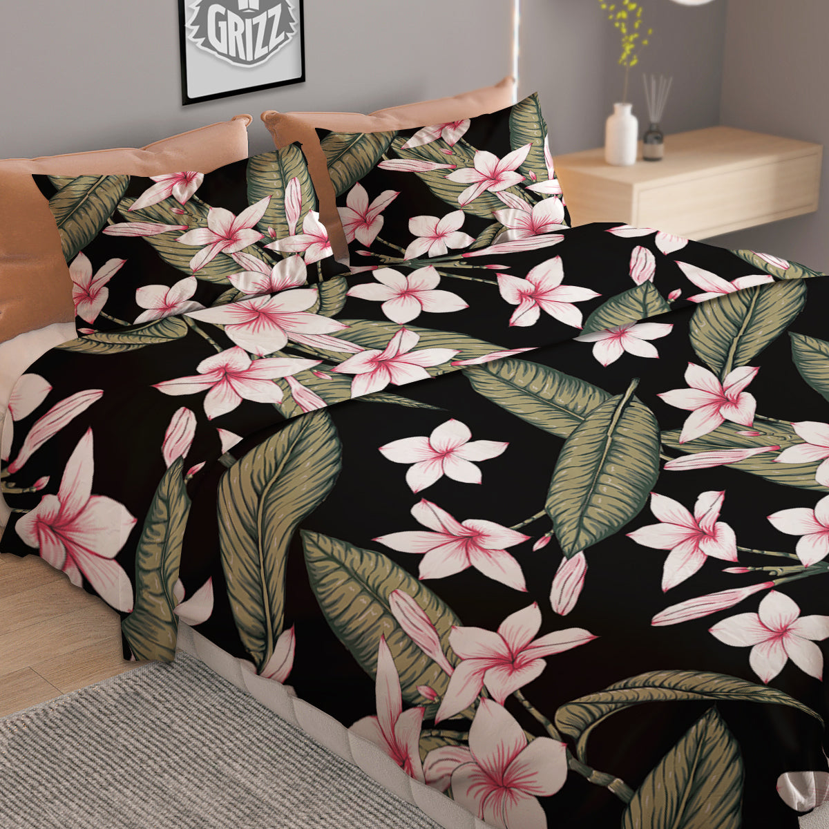 Flower Frangipani Watercolor Print Pattern Duvet Cover Bedding Set-grizzshop