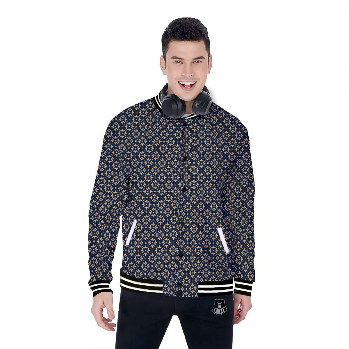 Flower Geometric Dot Print Pattern Baseball Jacket-grizzshop