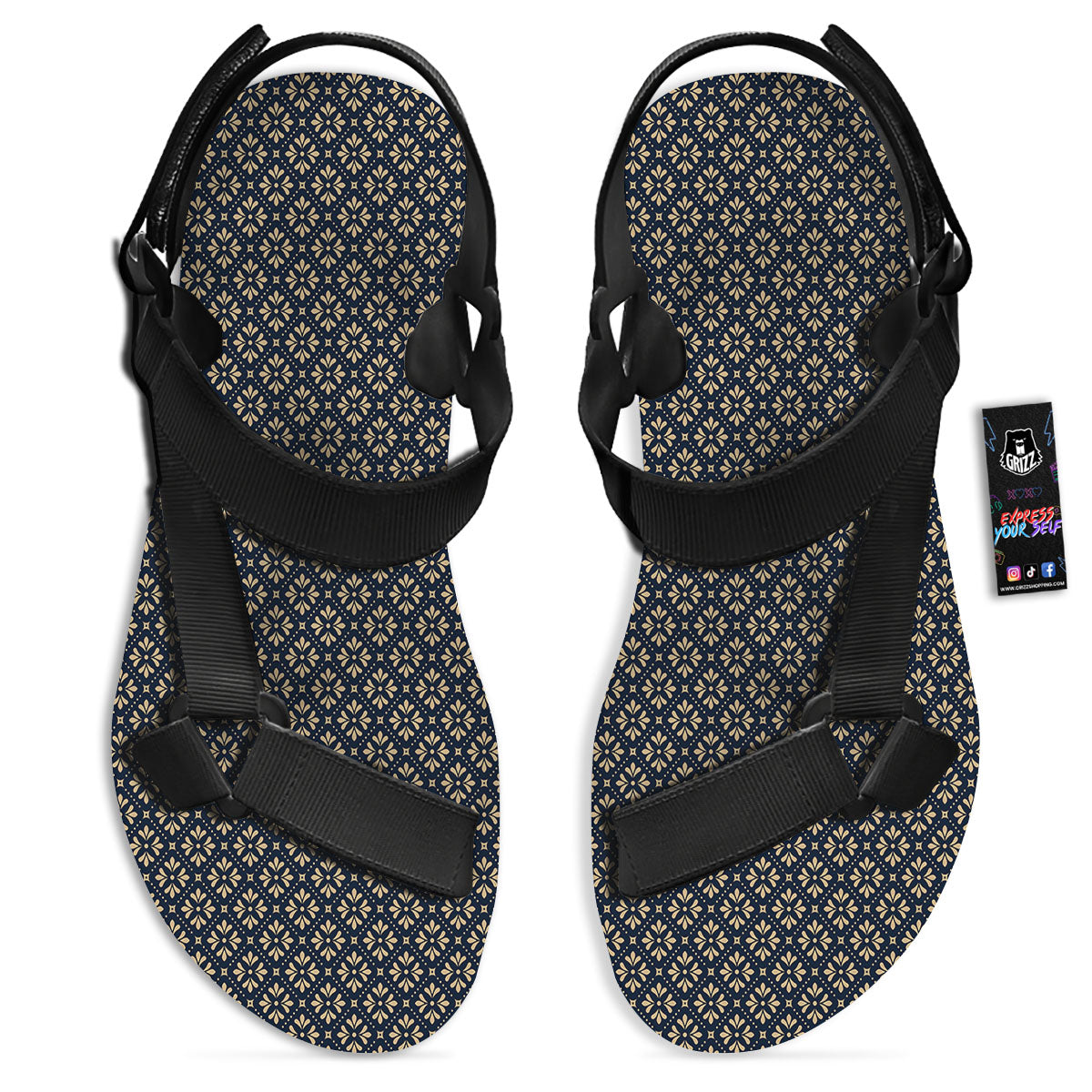 Flower Geometric Dot Print Pattern Black Open Toe Sandals-grizzshop