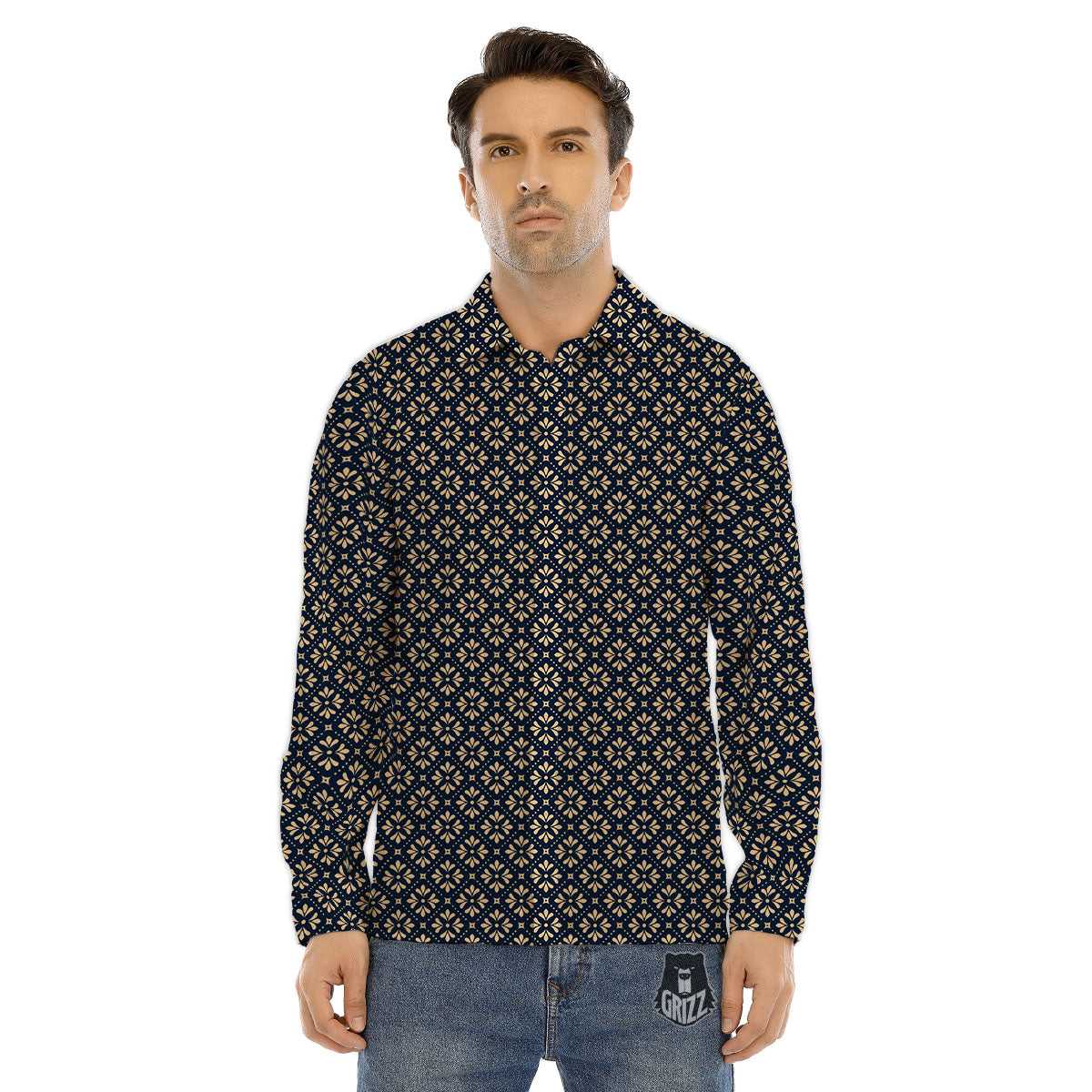 Flower Geometric Dot Print Pattern Men's Dress Shirts-grizzshop