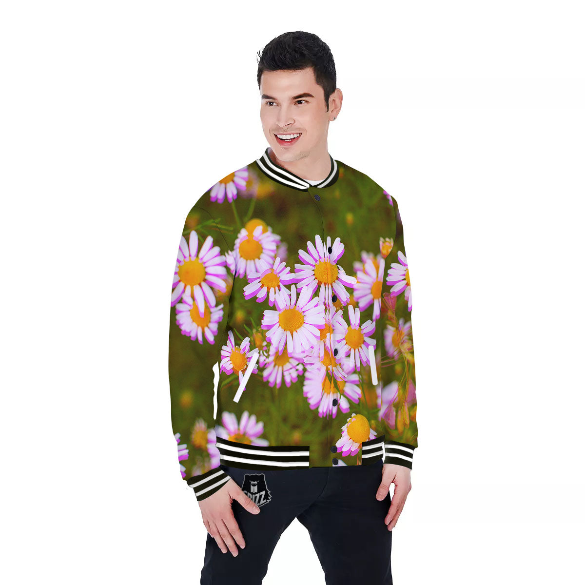 Flower Glitch Daisy Print Baseball Jacket-grizzshop