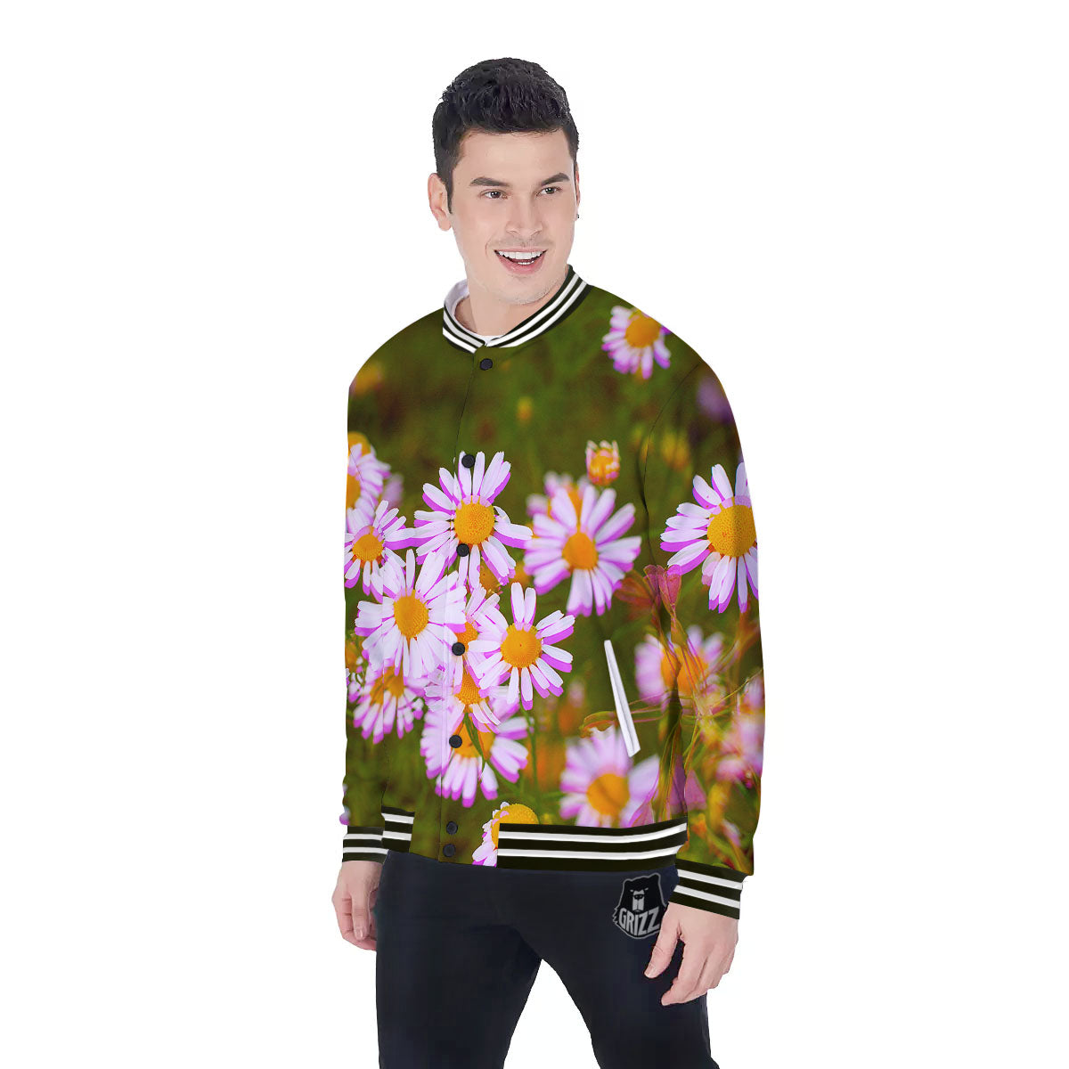 Flower Glitch Daisy Print Baseball Jacket-grizzshop