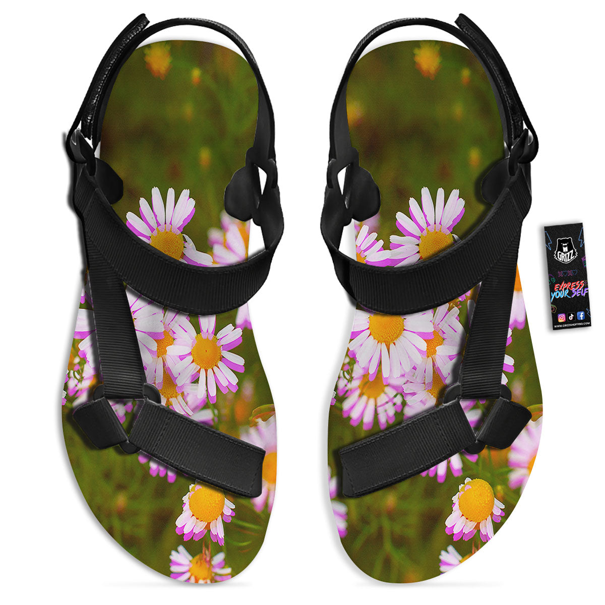 Flower Glitch Daisy Print Black Open Toe Sandals-grizzshop