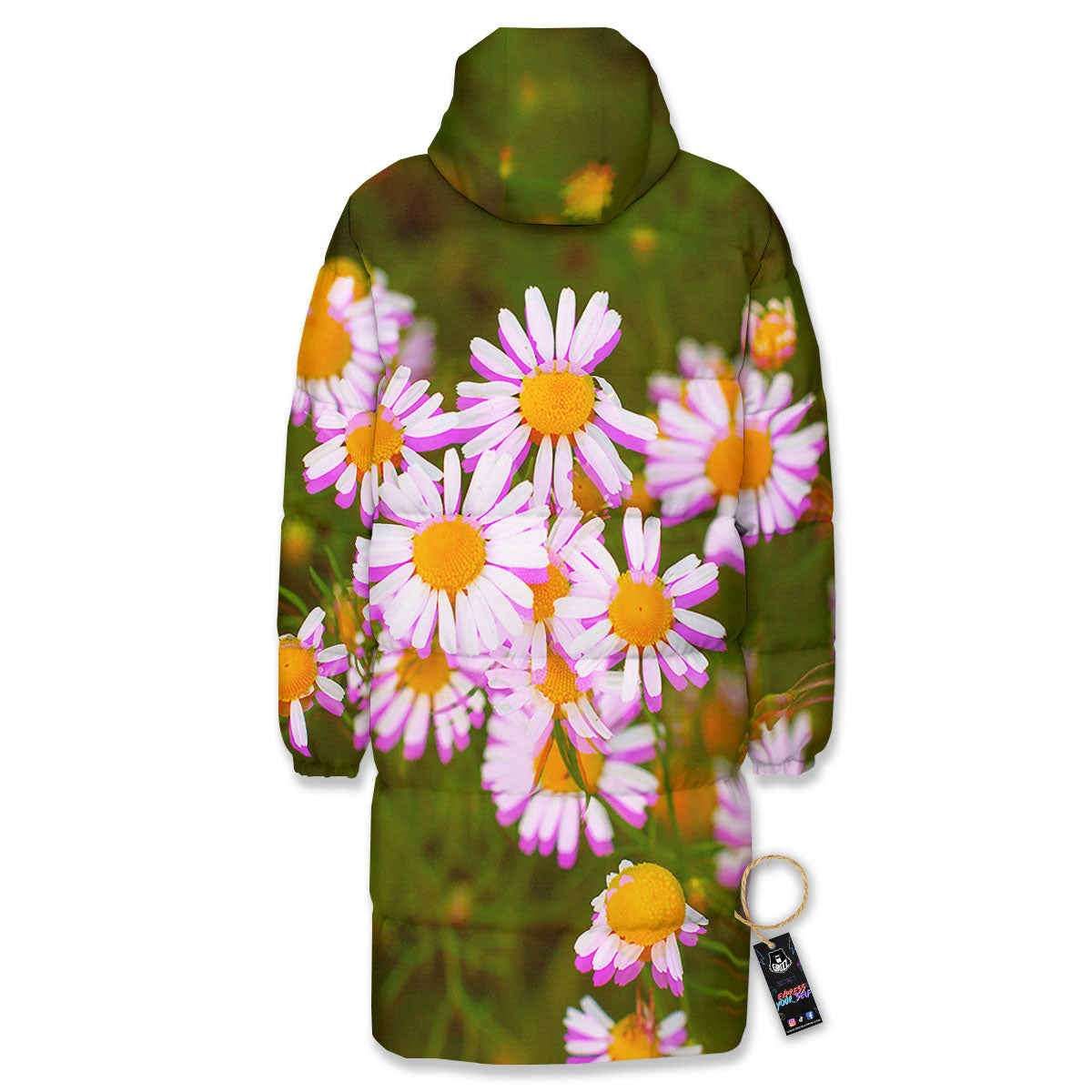 Flower Glitch Daisy Print Long Down Jacket-grizzshop