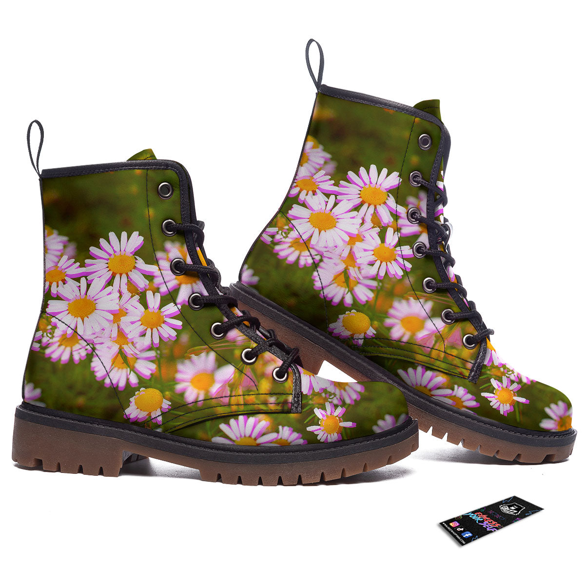 Flower Glitch Daisy Print Work Boots-grizzshop