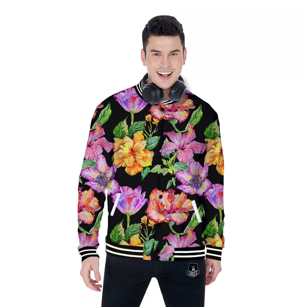 Flower Hawaiian Aloha Print Baseball Jacket-grizzshop