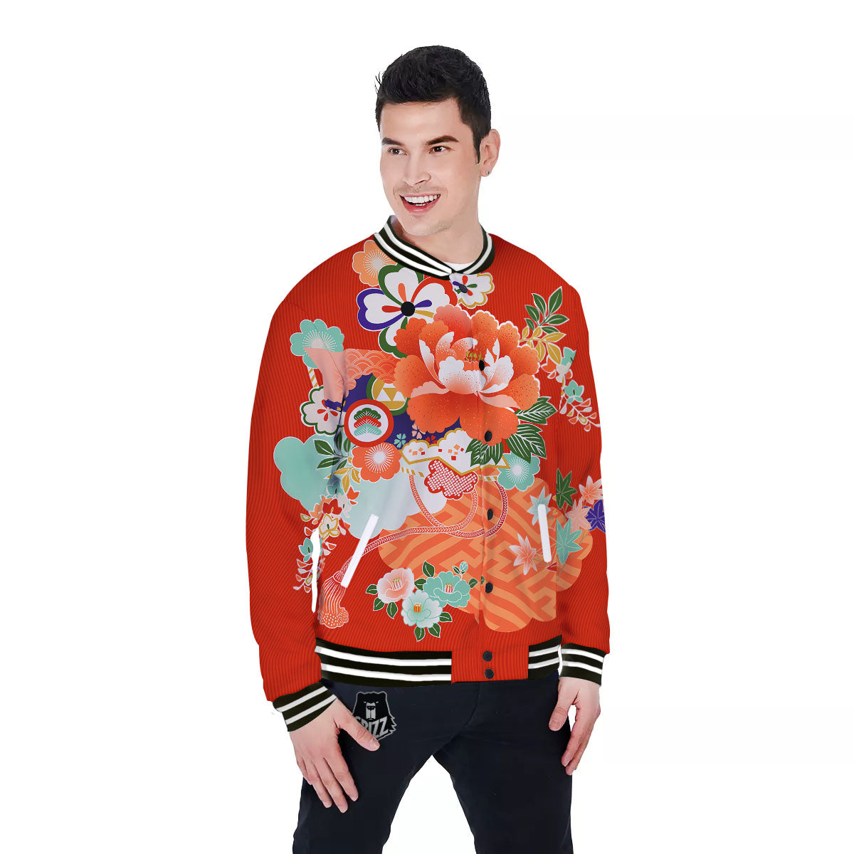 Flower Japanese Print Baseball Jacket-grizzshop