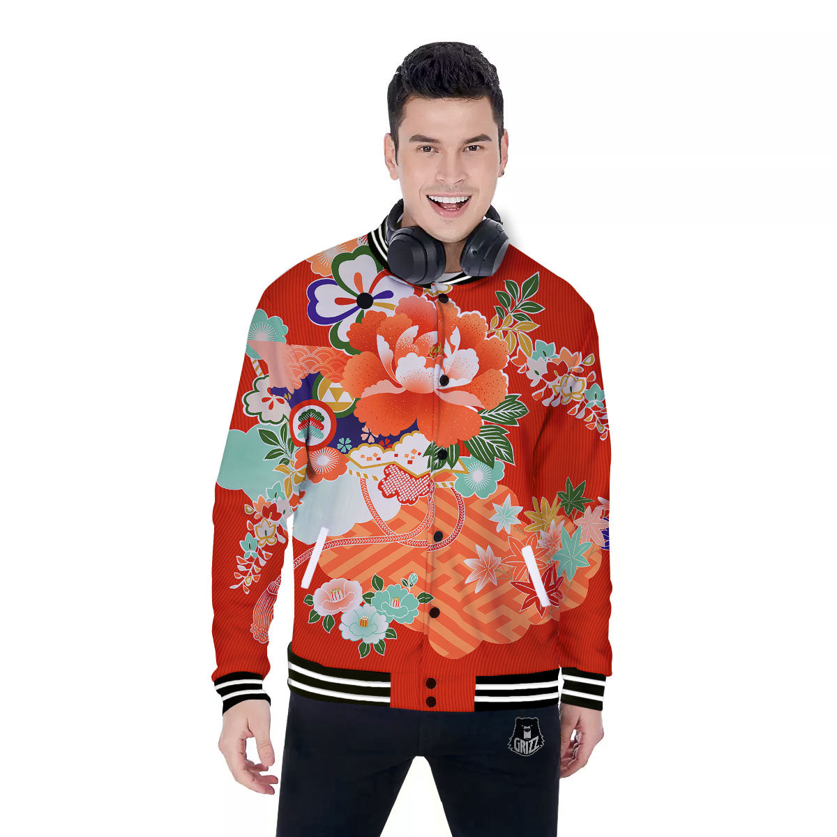 Flower Japanese Print Baseball Jacket-grizzshop
