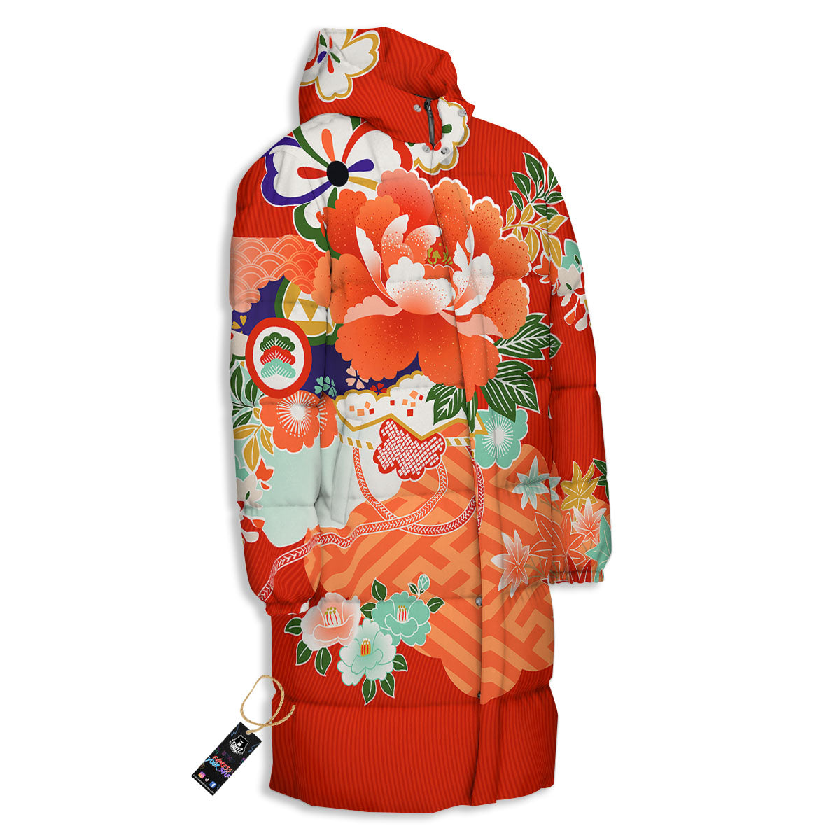 Flower Japanese Print Long Down Jacket-grizzshop