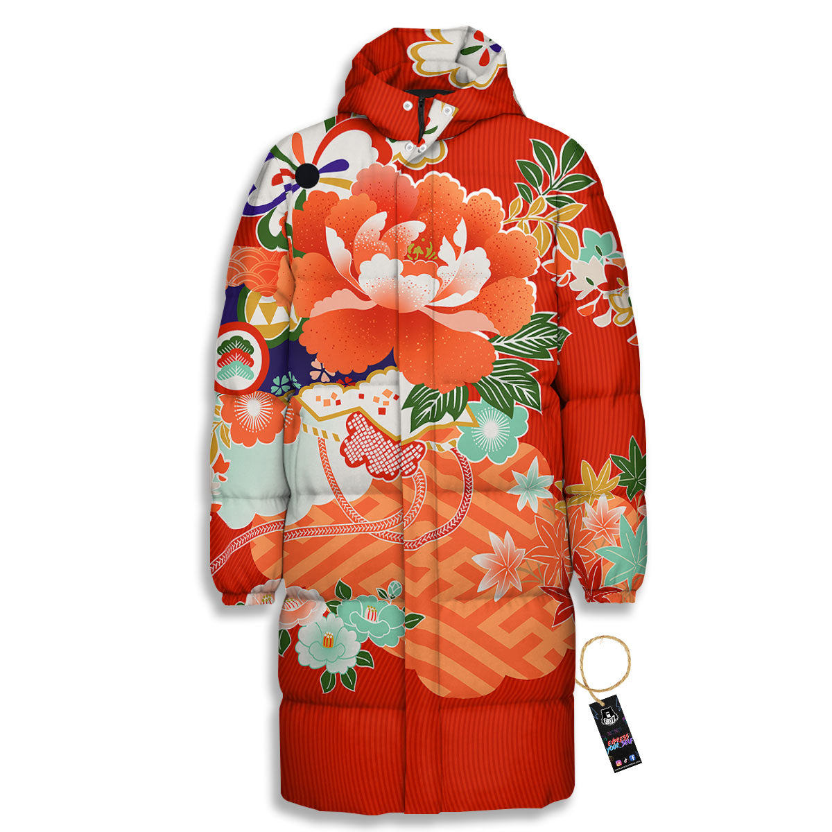 Flower Japanese Print Long Down Jacket-grizzshop