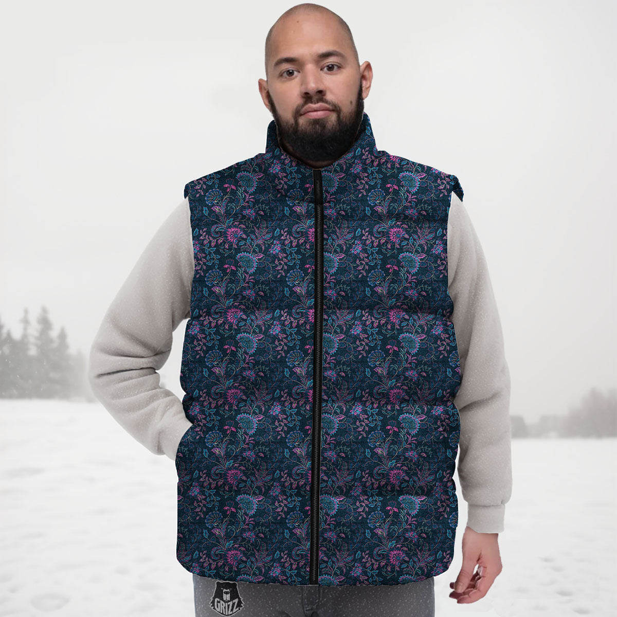 Flower Jeans Denim Print Pattern Down Vest-grizzshop