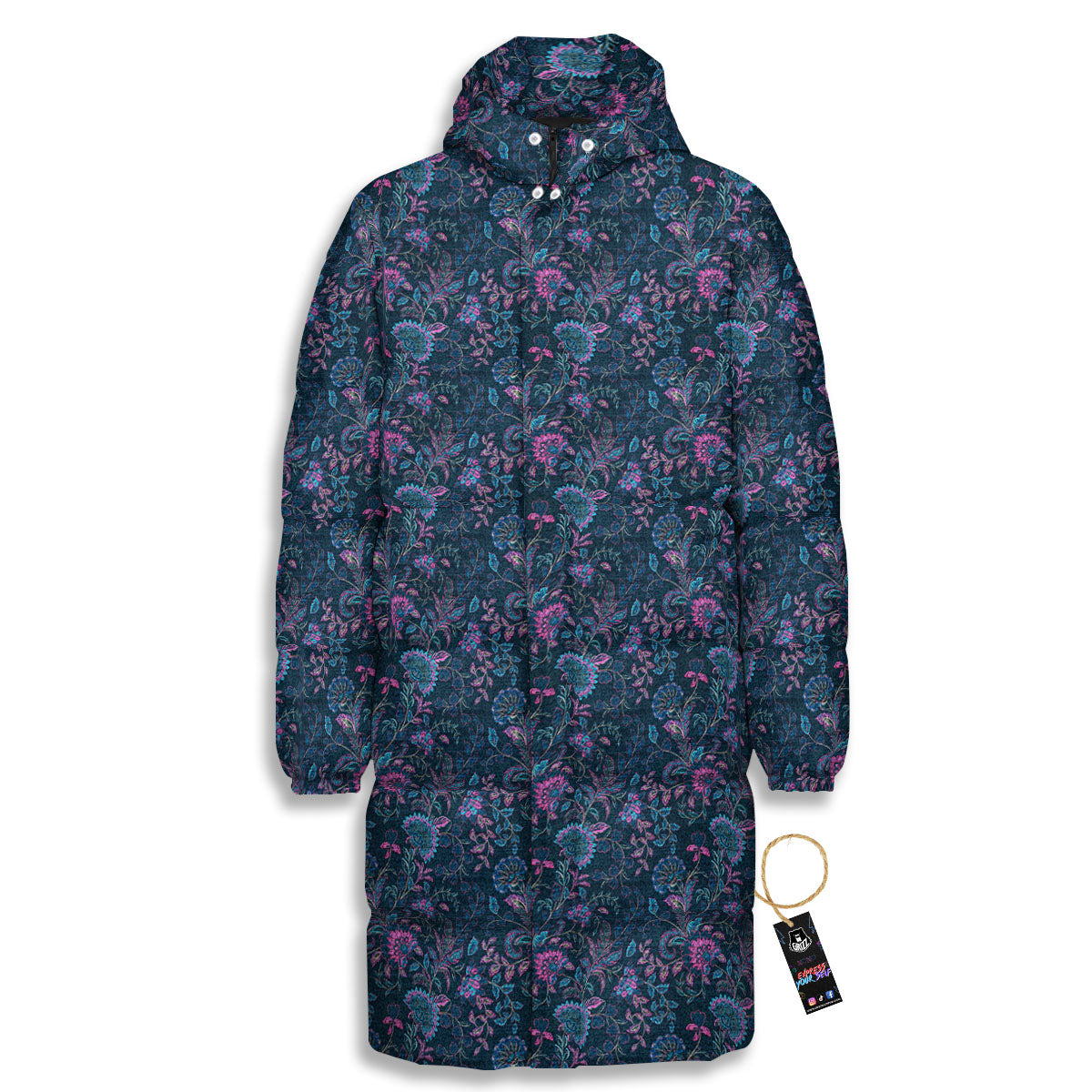 Flower Jeans Denim Print Pattern Long Down Jacket-grizzshop