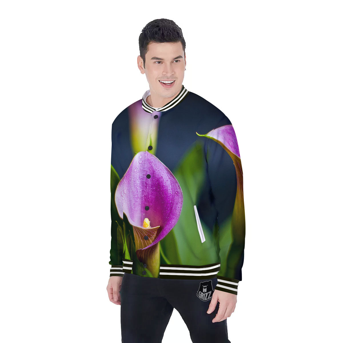 Flower Lily Purple Print Baseball Jacket-grizzshop
