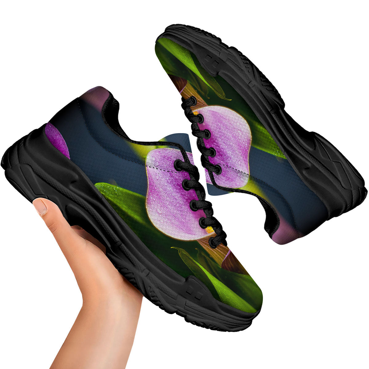 Flower Lily Purple Print Black Chunky Shoes-grizzshop
