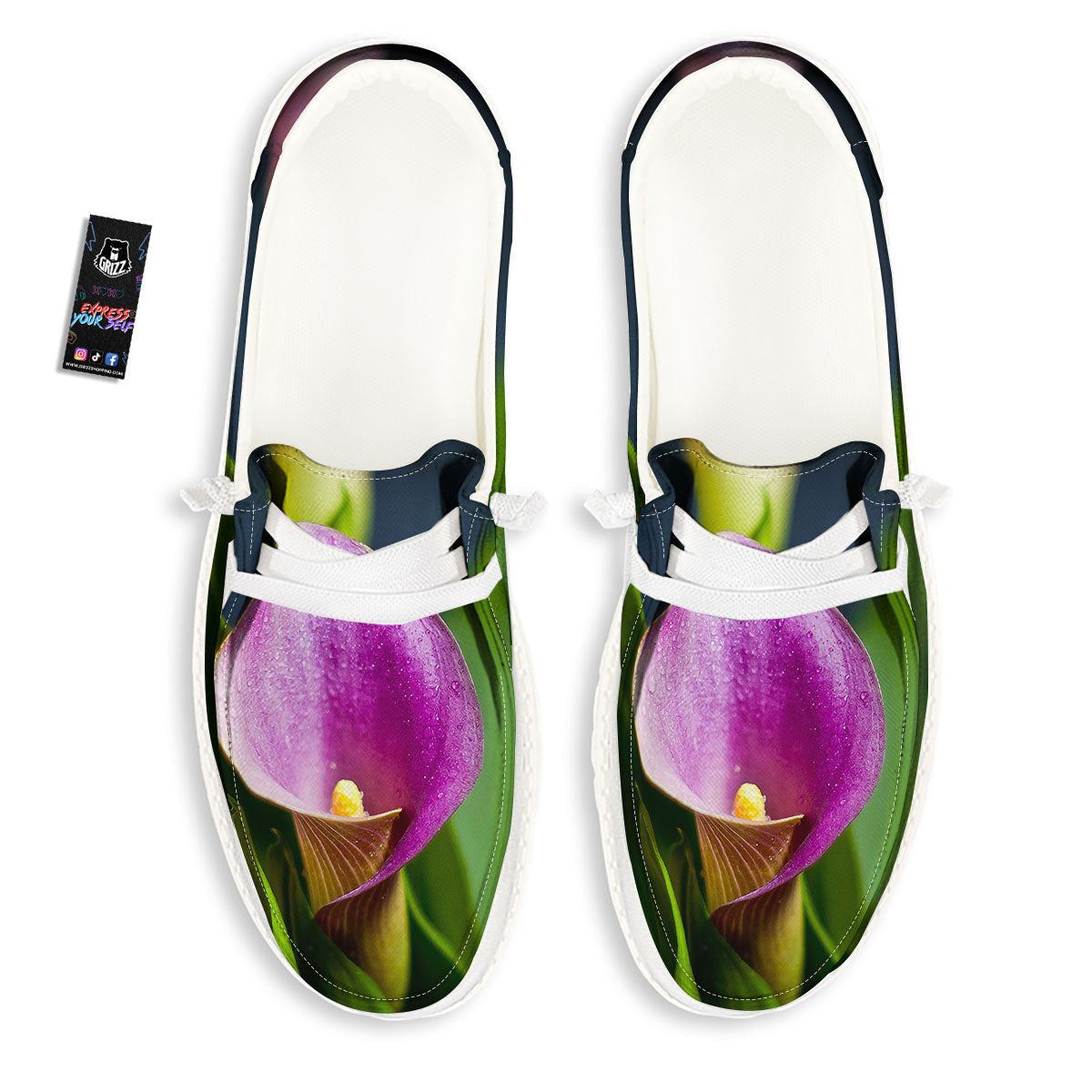 Flower Lily Purple Print Black Loafers-grizzshop