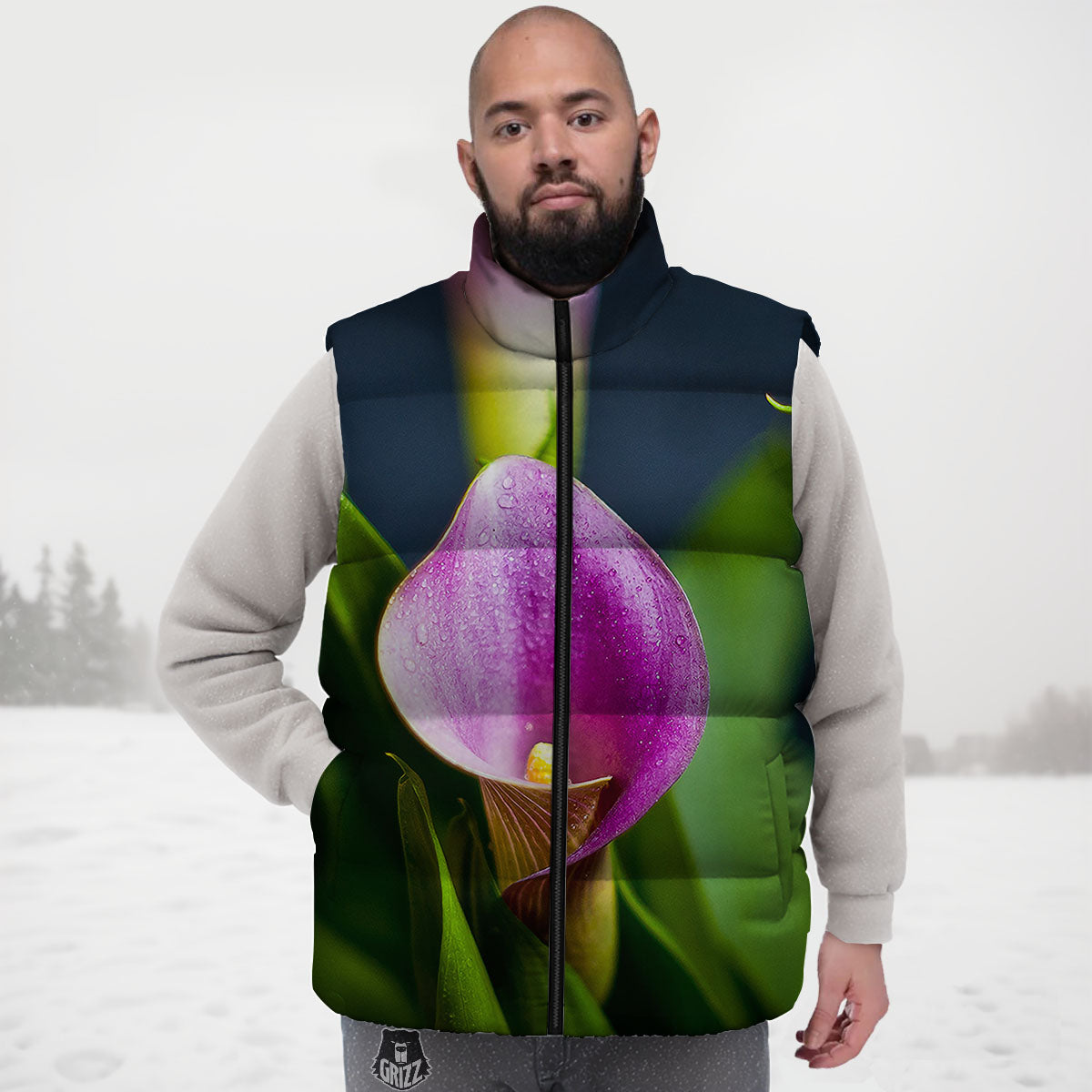 Flower Lily Purple Print Down Vest-grizzshop