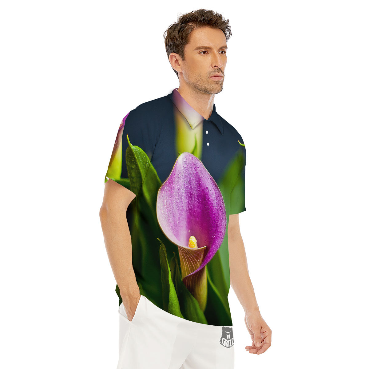 Flower Lily Purple Print Men's Golf Shirts-grizzshop
