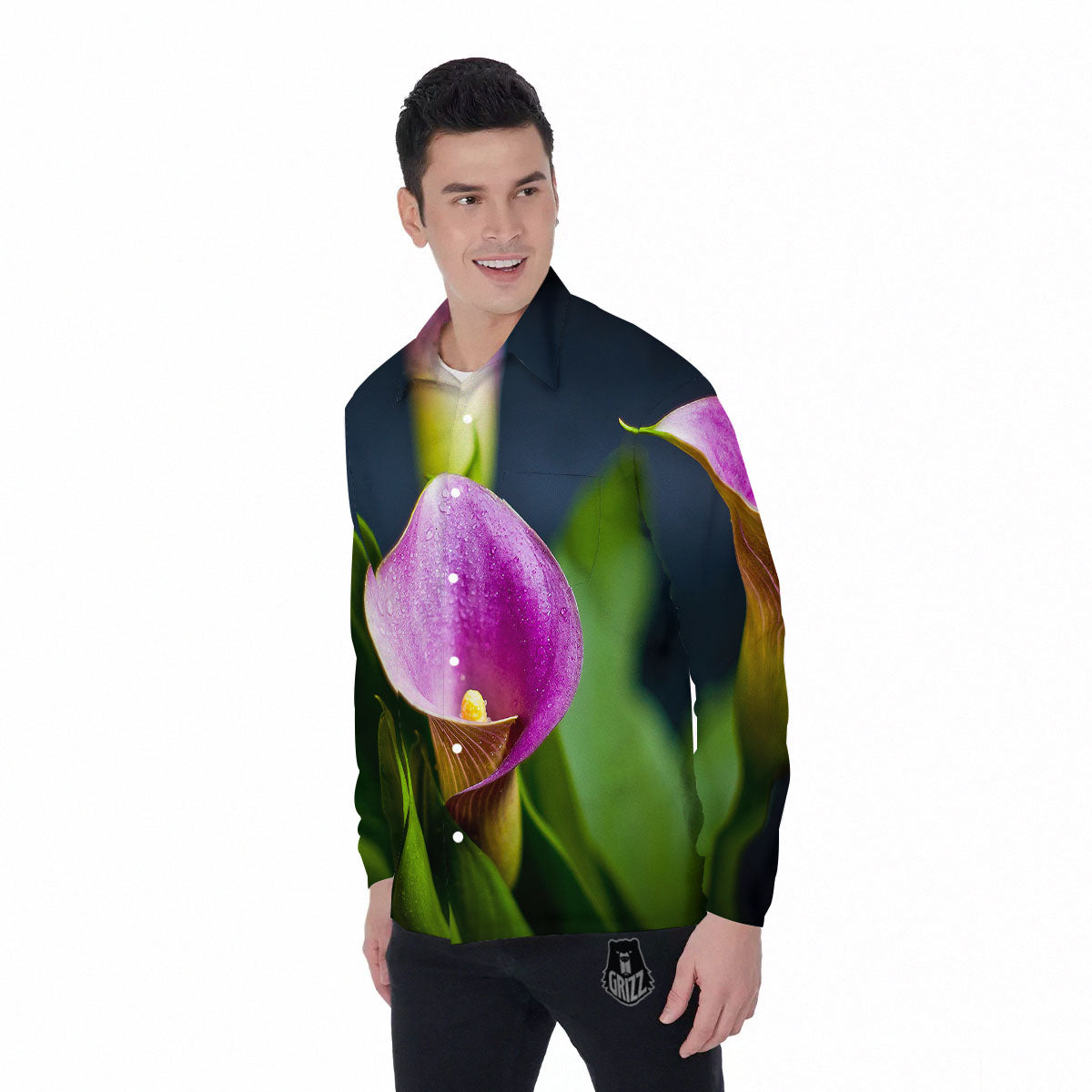 Flower Lily Purple Print Men's Long Sleeve Shirts-grizzshop