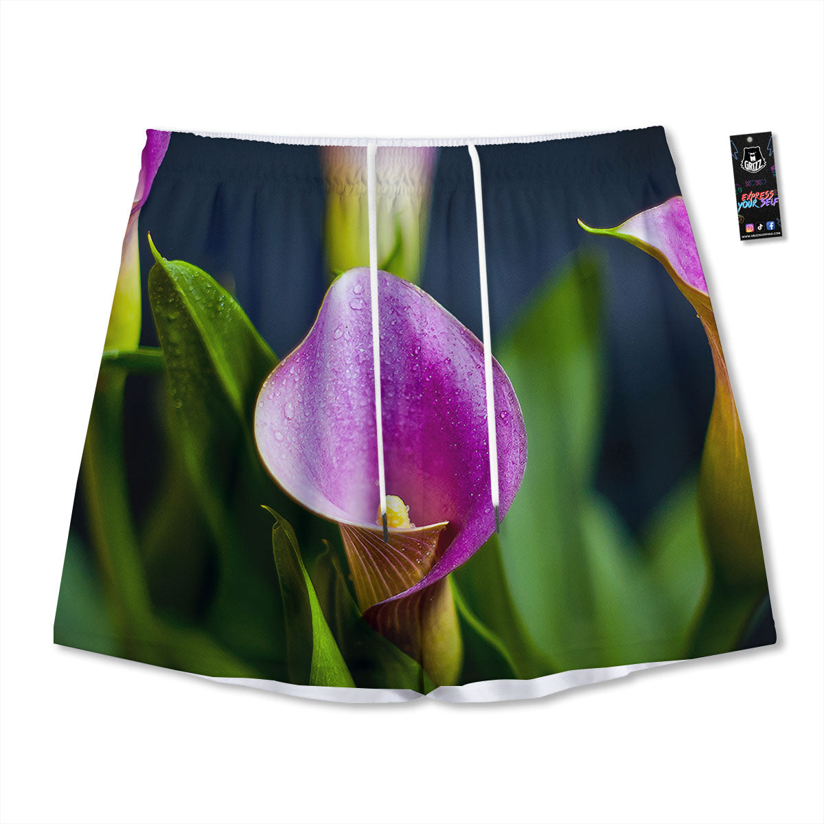 Flower Lily Purple Print Mesh Shorts-grizzshop