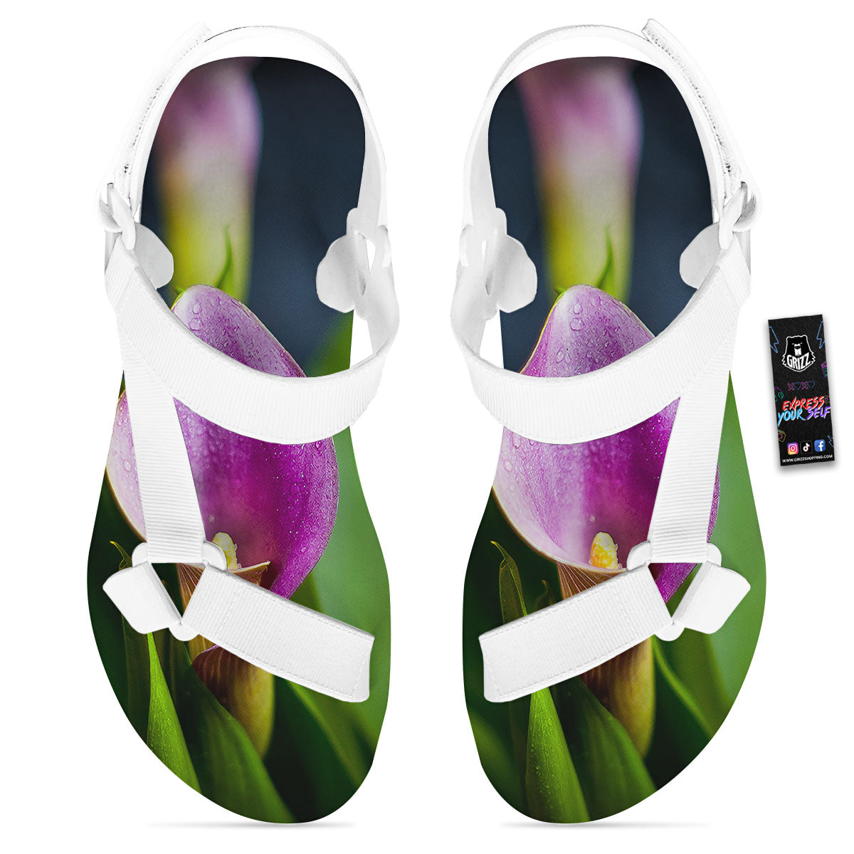 Flower Lily Purple Print White Open Toe Sandals-grizzshop