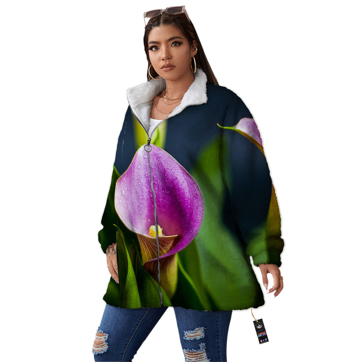 Flower Lily Purple Print Women's Sherpa Jacket-grizzshop
