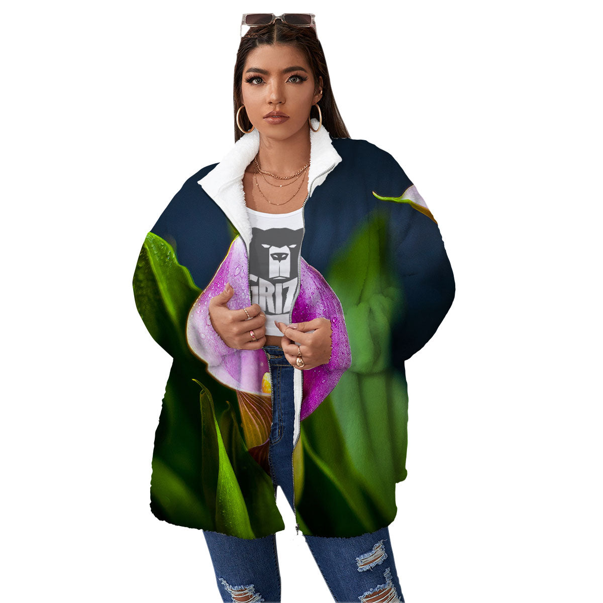 Flower Lily Purple Print Women's Sherpa Jacket-grizzshop