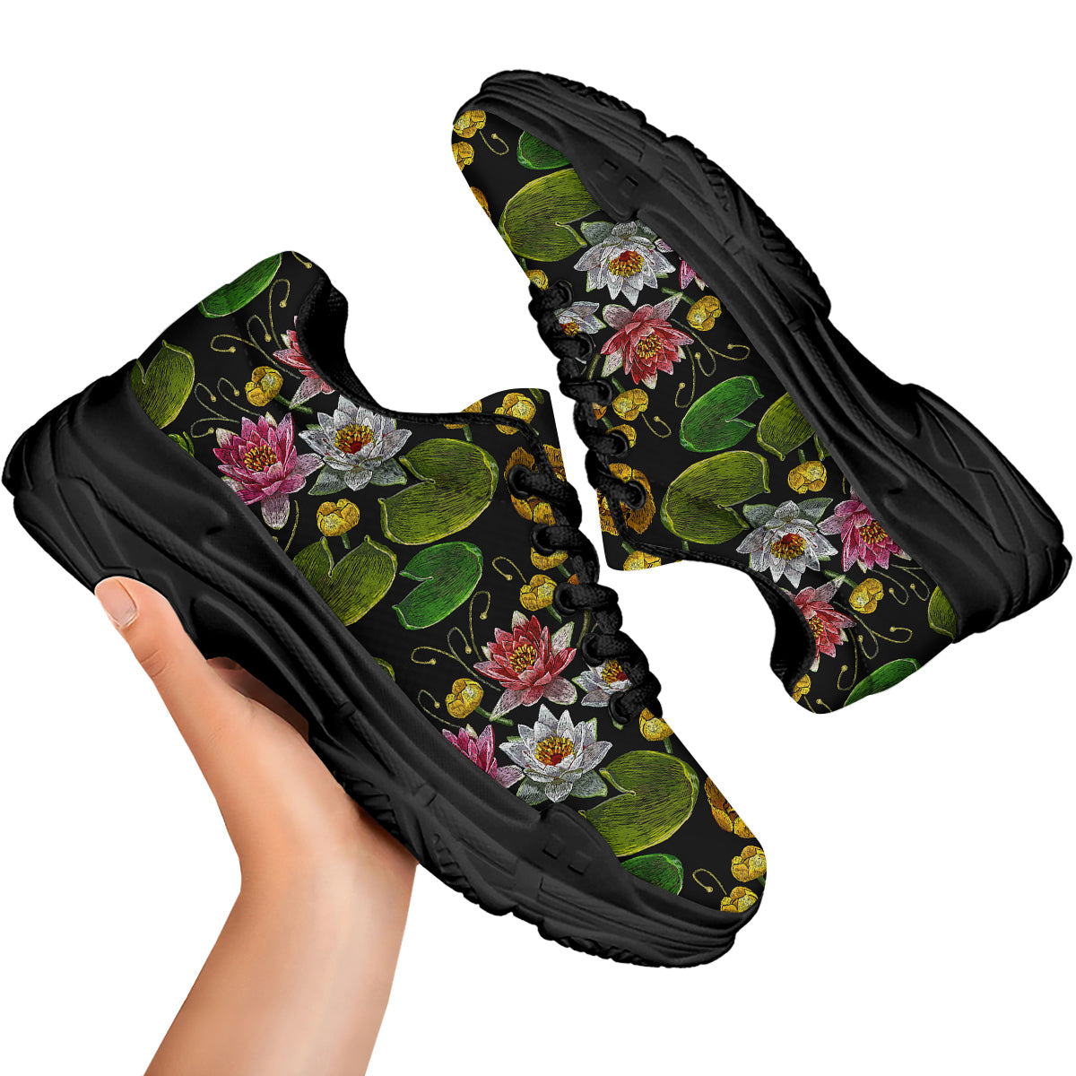 Flower Lily Water Print Pattern Black Chunky Shoes-grizzshop