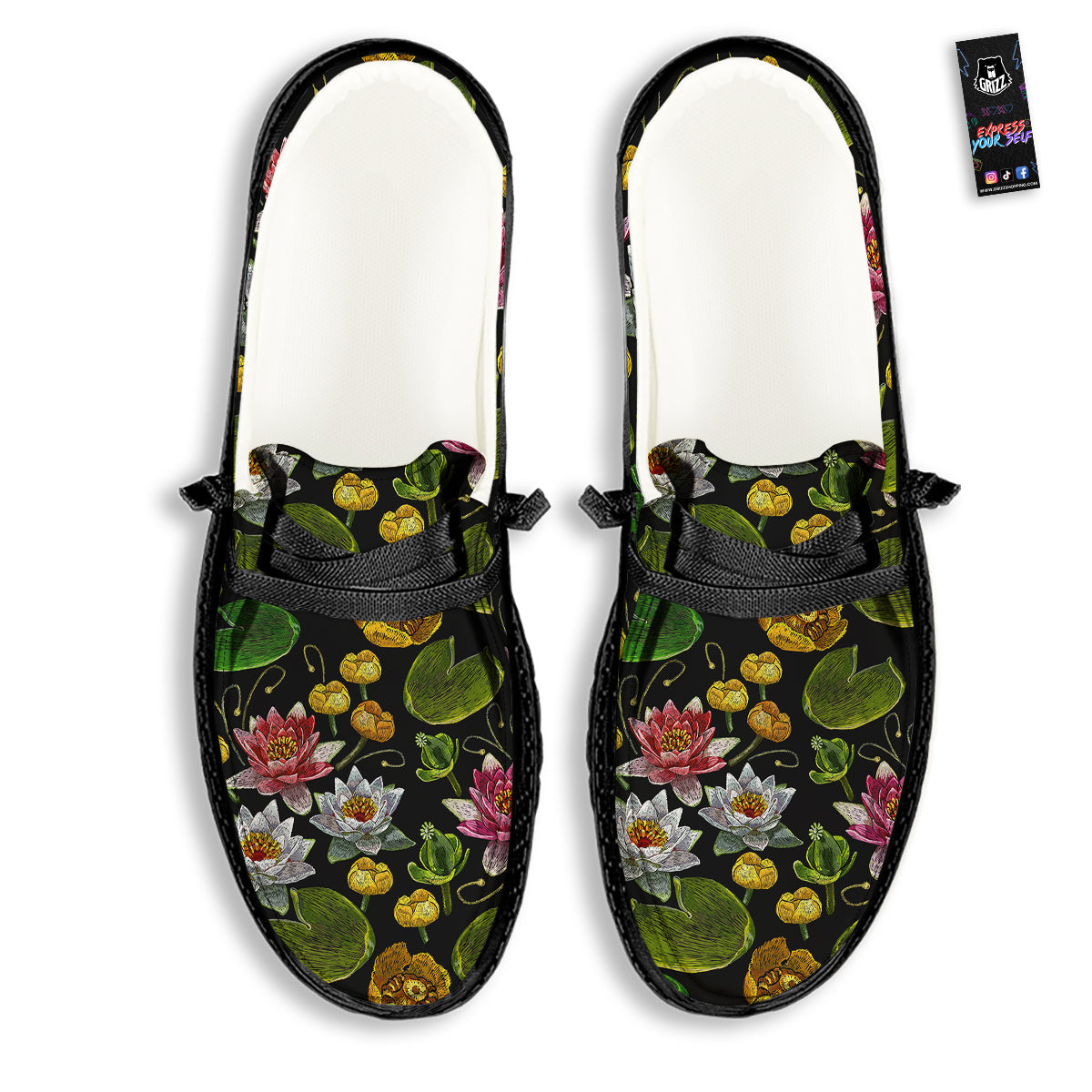 Flower Lily Water Print Pattern Black Loafers-grizzshop